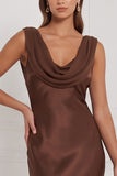 Espresso Cowl Neck Satin Sheath Long Bridesmaid Dress