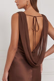 Espresso Cowl Neck Satin Sheath Long Bridesmaid Dress