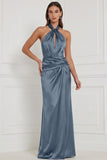 Halter Espresso Keyhole Ruched Satin Sheath Bridesmaid Dress with Lace-up Back
