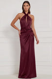 Halter Espresso Keyhole Ruched Satin Sheath Bridesmaid Dress with Lace-up Back
