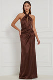 Halter Espresso Keyhole Ruched Satin Sheath Bridesmaid Dress with Lace-up Back