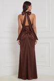 Halter Espresso Keyhole Ruched Satin Sheath Bridesmaid Dress with Lace-up Back