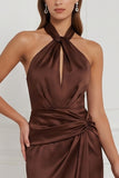 Halter Espresso Keyhole Ruched Satin Sheath Bridesmaid Dress with Lace-up Back