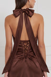 Halter Espresso Keyhole Ruched Satin Sheath Bridesmaid Dress with Lace-up Back