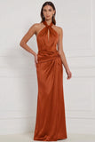 Halter Espresso Keyhole Ruched Satin Sheath Bridesmaid Dress with Lace-up Back
