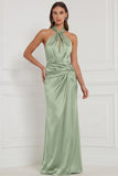 Halter Espresso Keyhole Ruched Satin Sheath Bridesmaid Dress with Lace-up Back