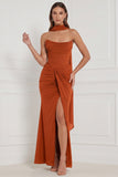 Olive Strapless Ruched Lace-up Back Long Bridesmaid Dress with Slit