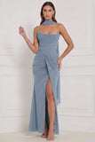 Olive Strapless Ruched Lace-up Back Long Bridesmaid Dress with Slit