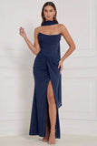 Olive Strapless Ruched Lace-up Back Long Bridesmaid Dress with Slit