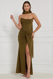 Olive Strapless Ruched Lace-up Back Long Bridesmaid Dress with Slit