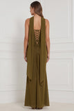 Olive Strapless Ruched Lace-up Back Long Bridesmaid Dress with Slit