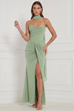 Olive Strapless Ruched Lace-up Back Long Bridesmaid Dress with Slit