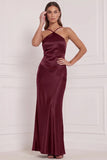Satin Espresso Sheath Long Bridesmaid Dress with Lace-up Back
