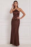Satin Espresso Sheath Long Bridesmaid Dress with Lace-up Back