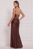 Satin Espresso Sheath Long Bridesmaid Dress with Lace-up Back