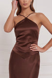 Satin Espresso Sheath Long Bridesmaid Dress with Lace-up Back