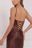 Satin Espresso Sheath Long Bridesmaid Dress with Lace-up Back