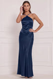 Satin Espresso Sheath Long Bridesmaid Dress with Lace-up Back