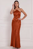 Satin Espresso Sheath Long Bridesmaid Dress with Lace-up Back