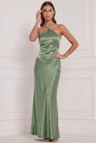 Satin Espresso Sheath Long Bridesmaid Dress with Lace-up Back