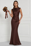 Espresso Mermaid Satin Bridesmaid Dress with Lace-up Back