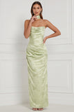 Mint Green Floral Strapless Sheath Ruched Long Bridesmaid Dress with Slit