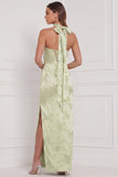 Mint Green Floral Strapless Sheath Ruched Long Bridesmaid Dress with Slit