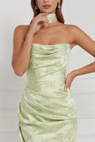 Mint Green Floral Strapless Sheath Ruched Long Bridesmaid Dress with Slit