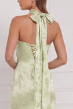 Mint Green Floral Strapless Sheath Ruched Long Bridesmaid Dress with Slit