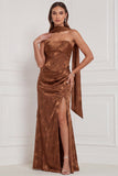 Strapless Sheath Floral Olive Bridesmaid Dress with Slit