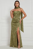 Strapless Sheath Floral Olive Bridesmaid Dress with Slit