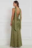 Strapless Sheath Floral Olive Bridesmaid Dress with Slit