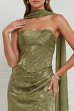 Strapless Sheath Floral Olive Bridesmaid Dress with Slit