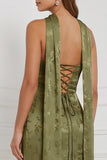 Strapless Sheath Floral Olive Bridesmaid Dress with Slit