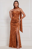Strapless Sheath Floral Olive Bridesmaid Dress with Slit