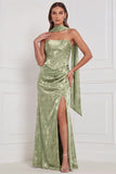 Strapless Sheath Floral Olive Bridesmaid Dress with Slit