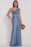 Espresso Asymmetrical Neck Satin Bridesmaid Dress with Lace-up Back
