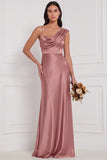 Espresso Asymmetrical Neck Satin Bridesmaid Dress with Lace-up Back