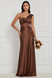 Espresso Asymmetrical Neck Satin Bridesmaid Dress with Lace-up Back