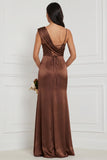 Espresso Asymmetrical Neck Satin Bridesmaid Dress with Lace-up Back
