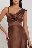 Espresso Asymmetrical Neck Satin Bridesmaid Dress with Lace-up Back