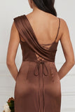 Espresso Asymmetrical Neck Satin Bridesmaid Dress with Lace-up Back