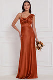 Espresso Asymmetrical Neck Satin Bridesmaid Dress with Lace-up Back