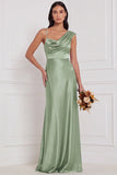 Espresso Asymmetrical Neck Satin Bridesmaid Dress with Lace-up Back