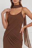 Sheath Espresso Ruched Chiffon Bridesmaid Dress with Scarf