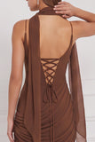 Sheath Espresso Ruched Chiffon Bridesmaid Dress with Scarf