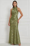 Halter Mermaid Olive Floral Bridesmaid Dress with Bow