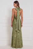 Halter Mermaid Olive Floral Bridesmaid Dress with Bow