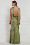 Halter Mermaid Olive Floral Bridesmaid Dress with Bow