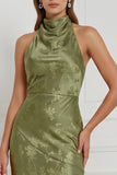 Halter Mermaid Olive Floral Bridesmaid Dress with Bow